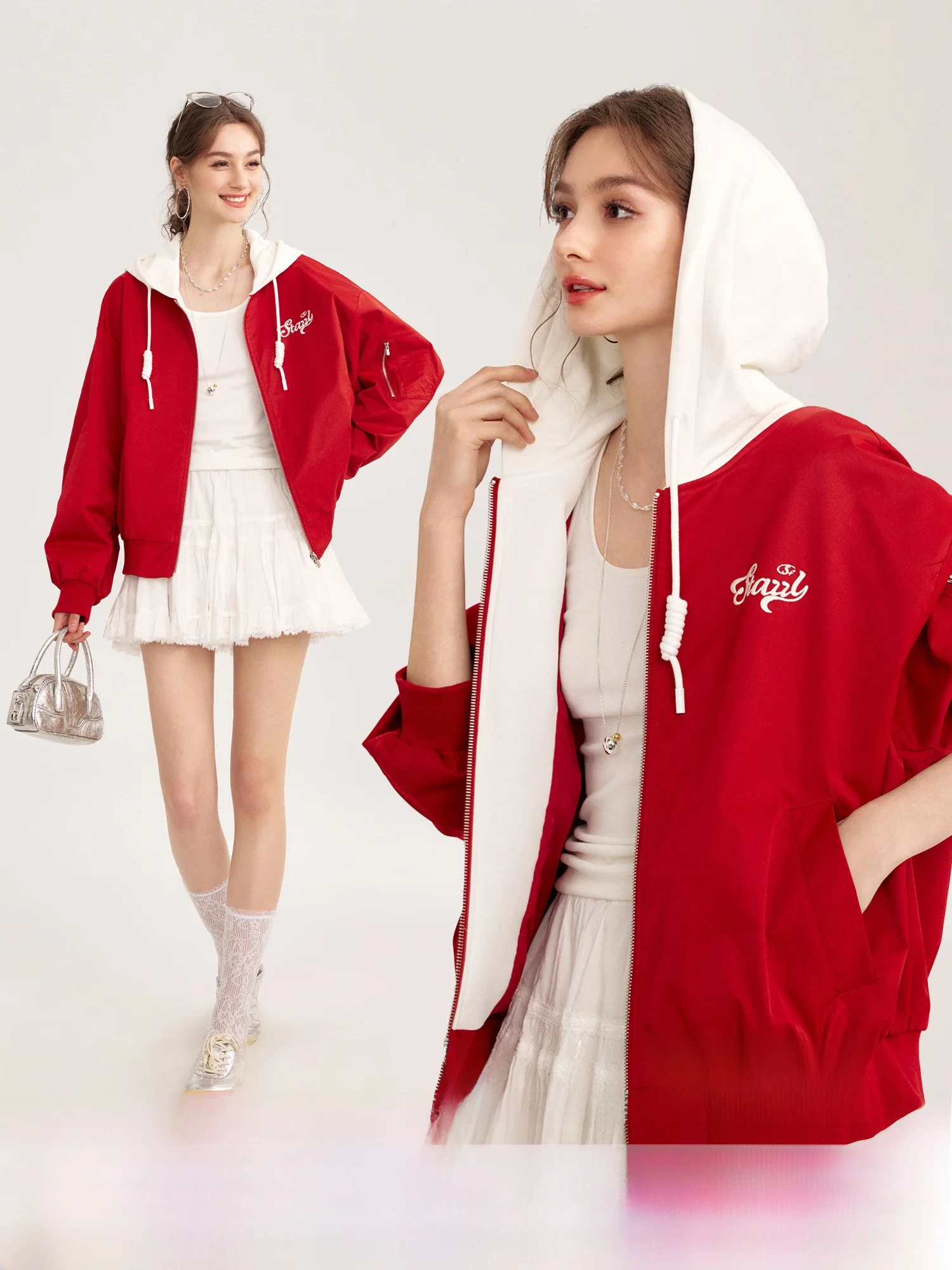

Naguagu Women's Embroidered Cotton Feel Jacket Spring 2025 Loose Fit Long Sleeve Hooded Zipper Closure Casual Outerwear