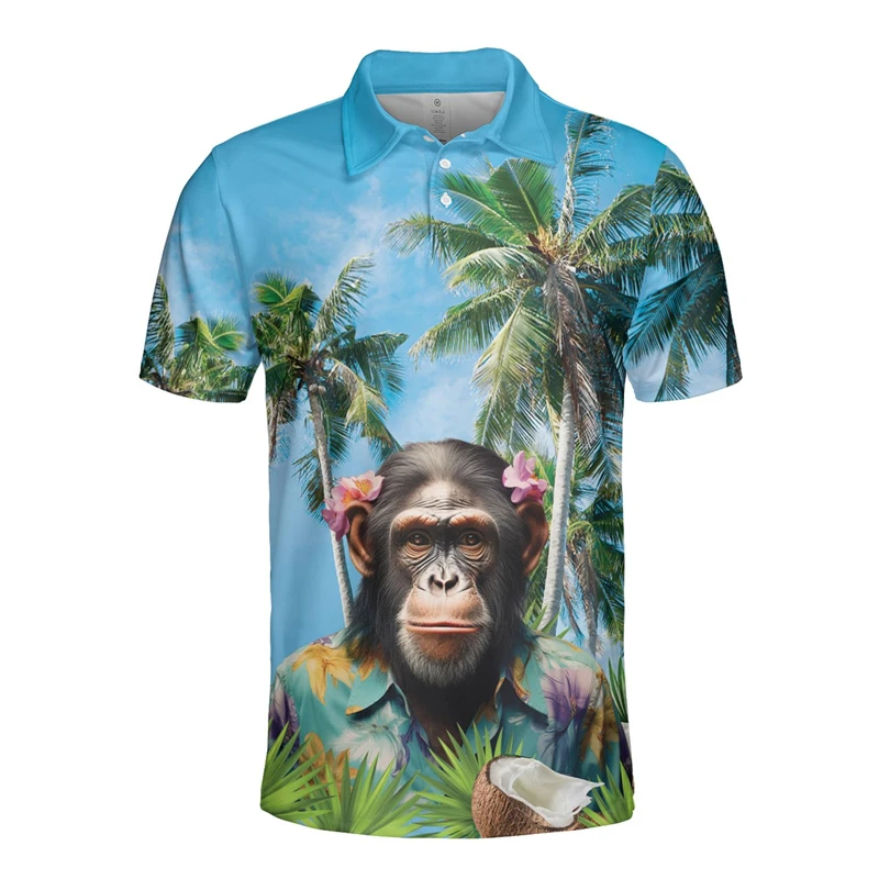 Hip Hop Hawaiian Monkey 3D Print Polo Shirts For Men Clothes Harajuku Fashion Short Sleeve Funny Animal Lapel POLO Shirt Boy Top