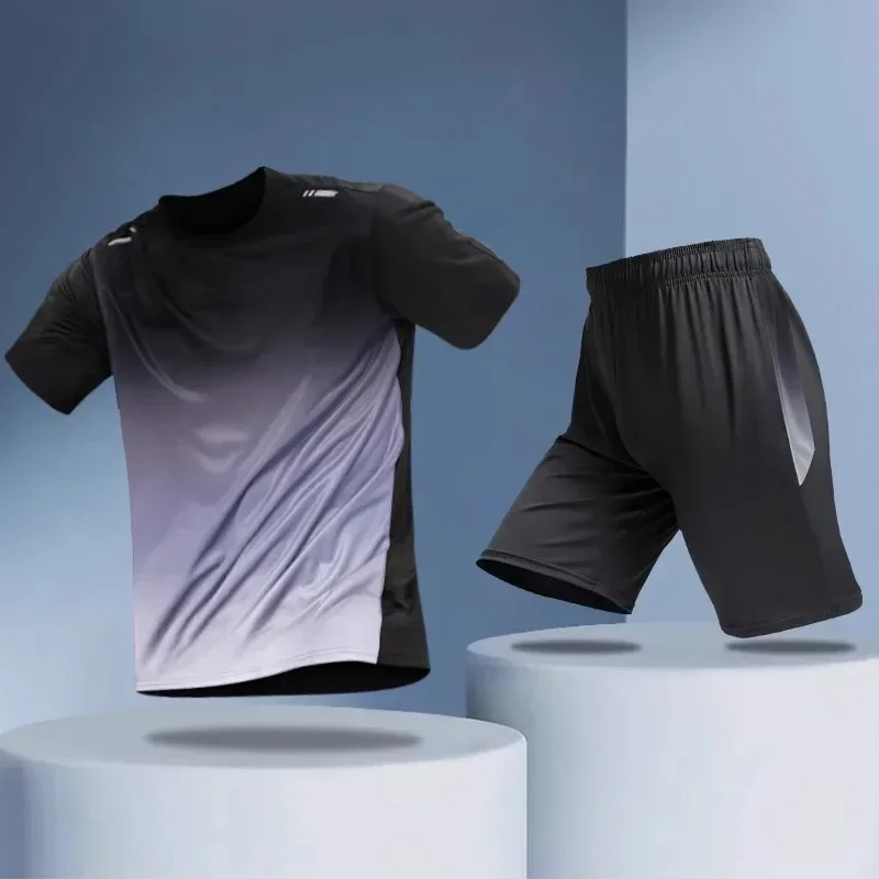 

Men Active Quick Dry Crew Neck T Shirts and Shorts Set Athletic Workout Short Sleeve Clothes Basketball Running Gym Sports Suit