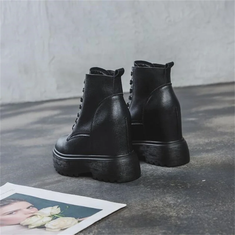 11cm Cow Genuine Leather Winter Plush Autumn Women Boots Knee High Platform Wedge Pumps Spring Hidden Heels Black Fashion Shoes