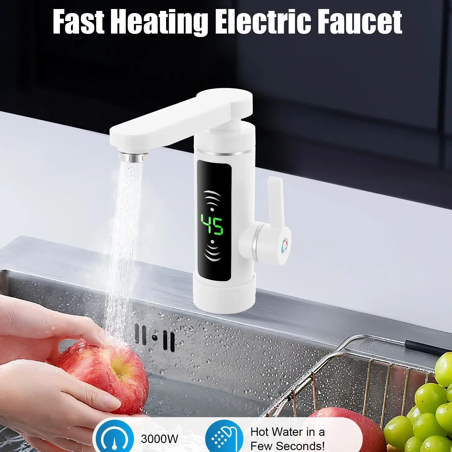 Rubinetto Elettrico Riscaldante da 3000W con LED, Rubinetto Elettrico per Acqua Calda 25-55°C ℃ Regolabile con display della temperatura in acciaio inossidabile 304