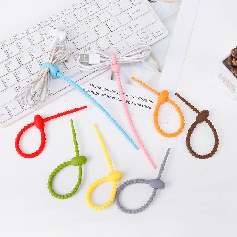 5Pcs Candy Color Silicone Storage Strap Cord Winder 20cm Long Strip Winding Storage Thread Tool Silicone Wire Clip Binding Tape