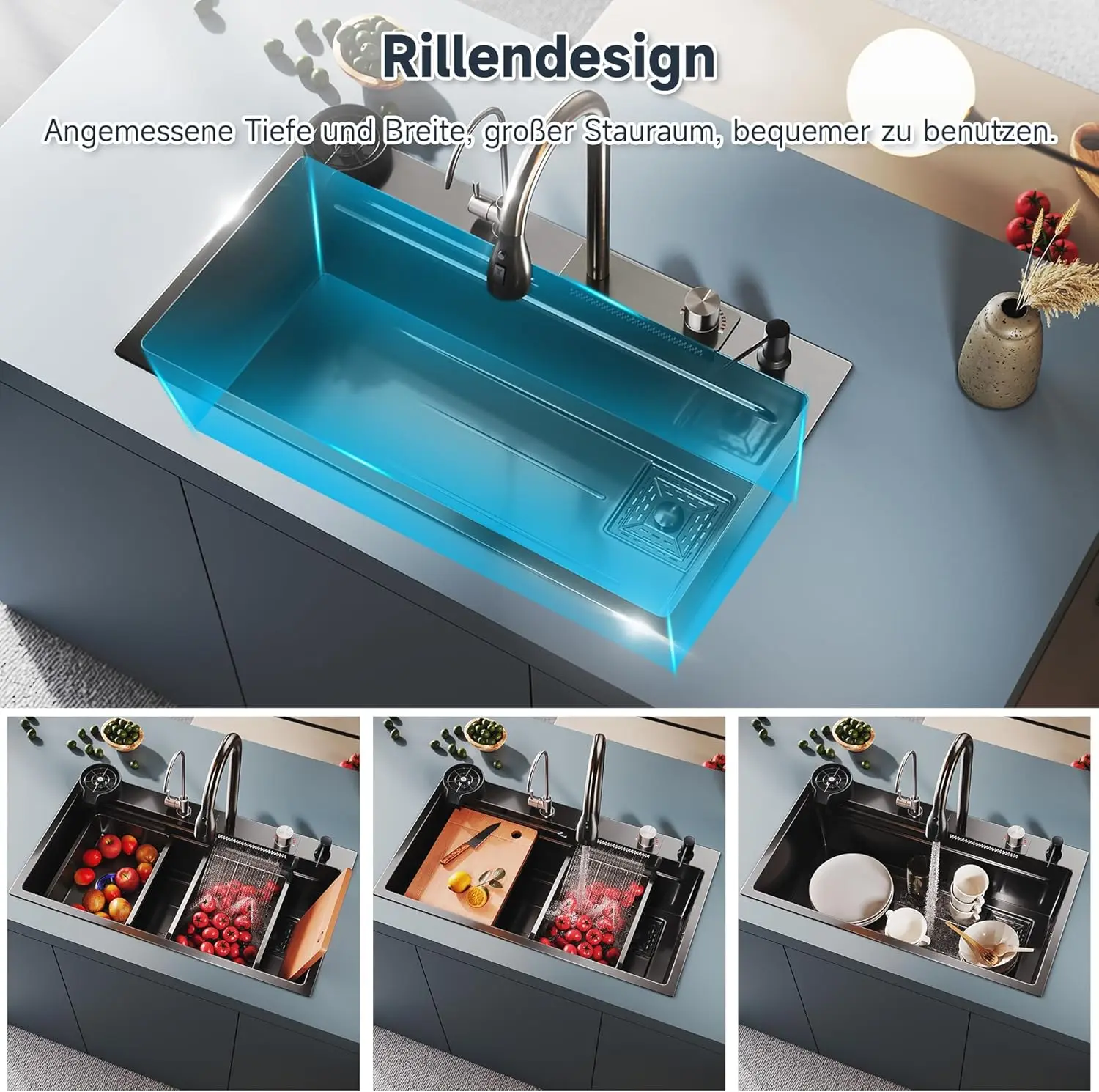 Кухонная мойка с водопадом из нержавеющей стали 304, большая однослотовая встроенная смеситель с цифровым дисплеем, набор диспенсеров для мыла, мойка чашек