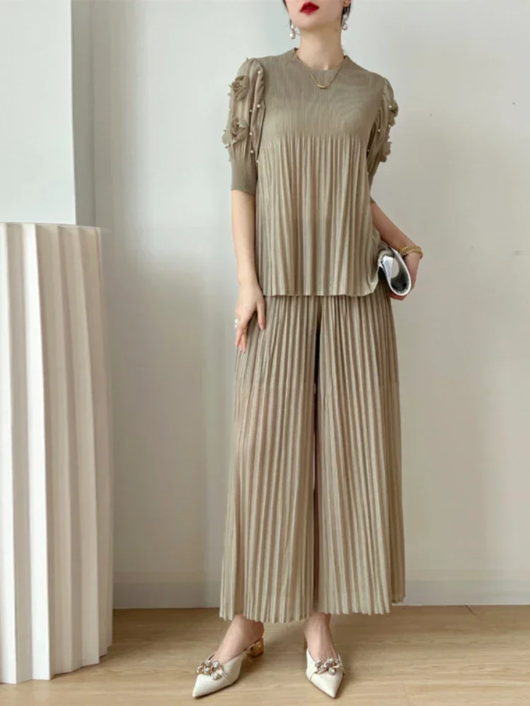 ALSEY Miyake Pleated Spring Casual Solid Color Suit Short Sleeve Top and Wide Leg Pants Two Piece Sets for Women New