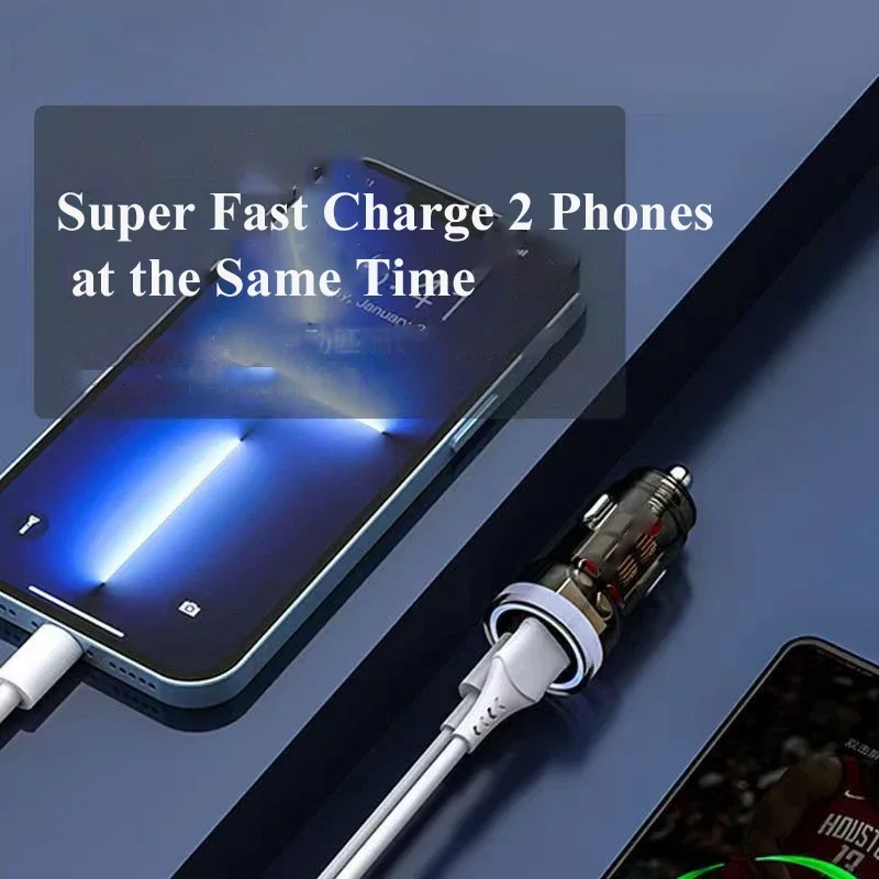 90W Transparent USB C Car Phone Charger PD 45W Super Fast Charge Adapter for iPhone 15 Pro Max 14 iPad Samsung Oppo Huawei Vivo