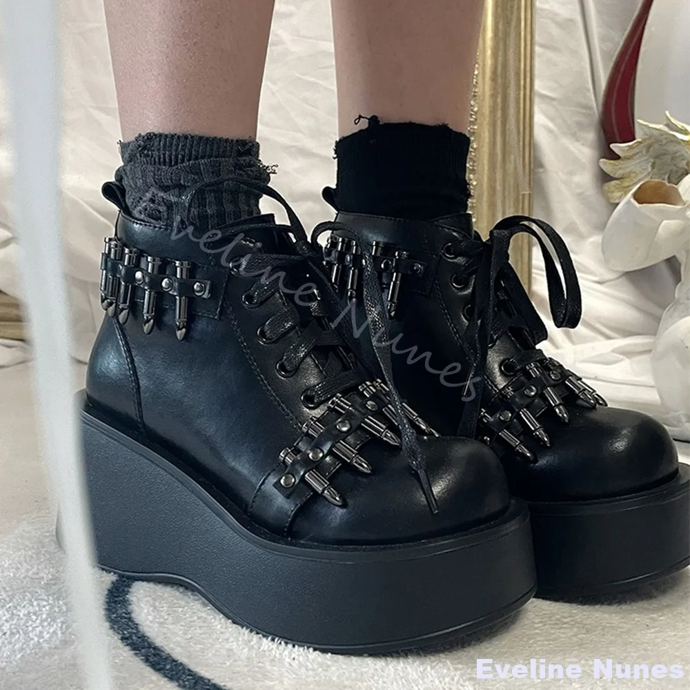 

Bullet Model Street Style Ankle Boots Women Round Toe Lace Up Wedges Platform Boots 2025 Black Leather Ins New Hot Girls Boots