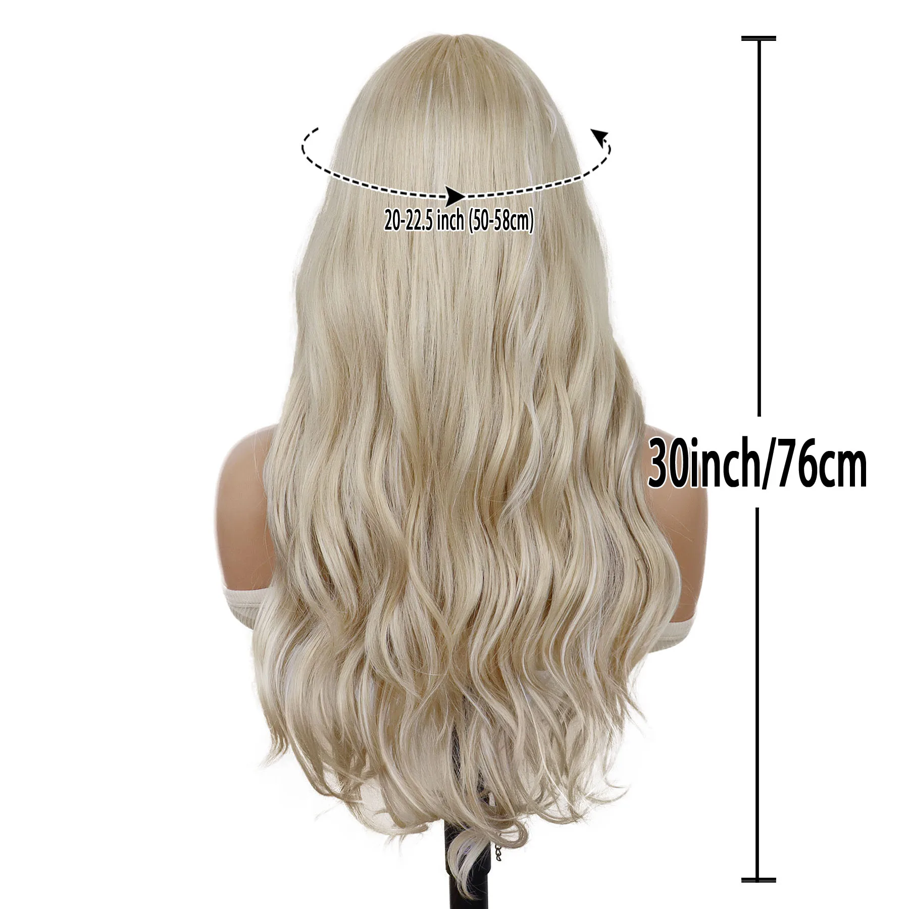 Syntetyczna blond peruka z grzywką dla kobiet, długa kręcona falowana peruka odporna na ciepło dla dziewcząt, do codziennego użytku, na imprezy, Halloween, cosplay