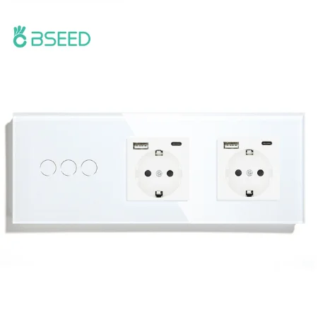 BSEED Touch-Schalter 1/2/3-fach 1-Wege EU-Standard Wandsteckdose mit USB Typ-C Elektrostecker Kristallglas-Panel 157mm 228mm