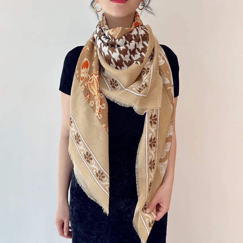 

2025Spring and Autumn New-Border Large Square Scarf Women130x130Cotton-linen blend scarf with frayed edges a casua