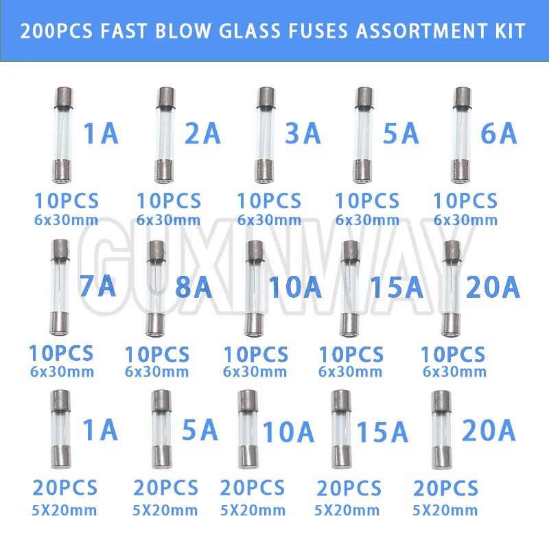 200Pcs Fast Blow Glass Fuses Assortment Kit 15 Values Auto Fuses Assortment Kit 250V 5x20mm & 6x30mm Glass Tube Fuses