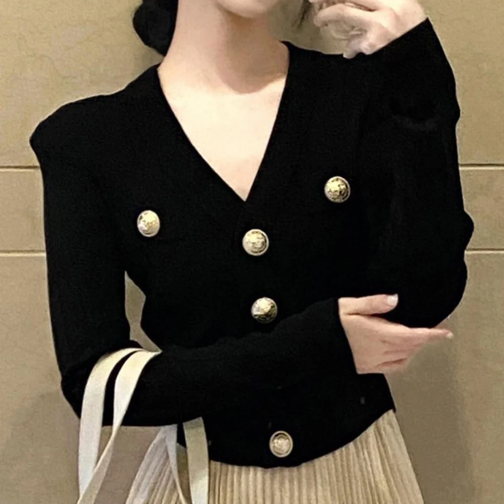 

Women\\'s V Neck Knitted Cardigan Sweater Jacket with Metal Buckle Long Sleeves Slim Fit for Daily and Holiday Use
