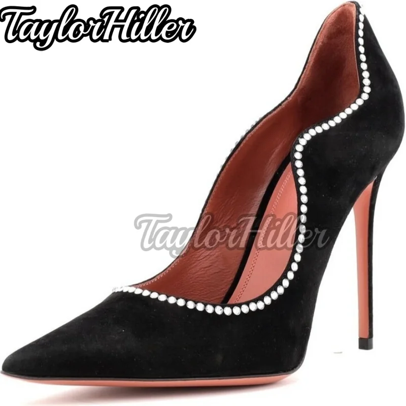

Office Lady Crystal Shallow Pumps Pointy Toe Suede Embeshilled Bridal Stiletto High Heels Slip On Pull On Cover Heel Black Shoes