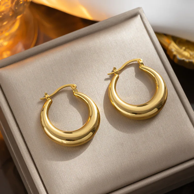 LUXUKISSKIDS Chunky Gold/Silver Color Hoop Earrings For Woman Big Round Smooth Ears Clips Stainless Steel Vintage Jewelry Gifts