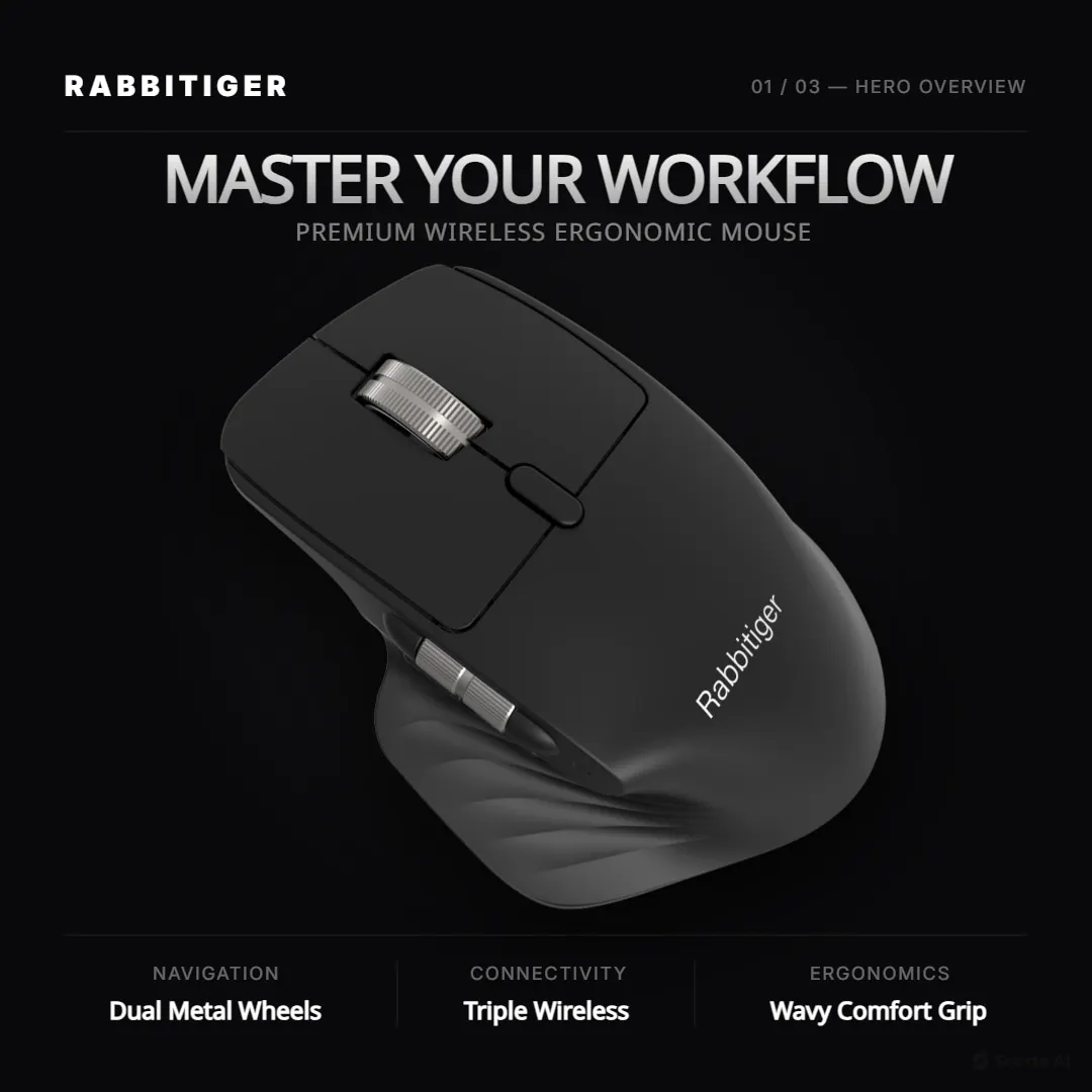 Rabbitiger 3‑Mode Wireless Ergonomic Mouse Bluetooth 5.0/3.0 2.4G Wired Multi‑DPI 800‑3200 Side Scroll Wheel Rechargeable Comput view 6
