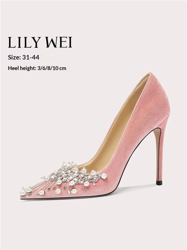 

Spring new pointed shallow rhinestone pearl suede satin single shoes banquet large size small size thin high-heeled women's shoe