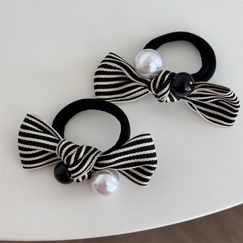 Celebrity Classic Style Striped Pearl Bow Black and White Color Matching Towel Ring Hair Band Texture Hair Rope Hair Accessories