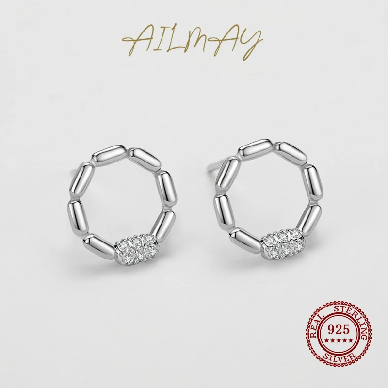 Ailmay Round Shining CZ Stud Earrings 925 Sterling Silver Irregular Geometric Design Earrings For Fine Female Fashion Jewelry