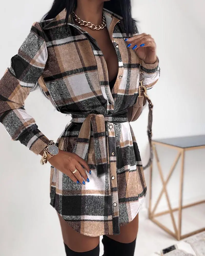 PU Leather Shirt Dress Women Fashion Plaid Lace-up Long Sleeve Sexy Mini Dresses Street Style Casual Long Top Dress Female
