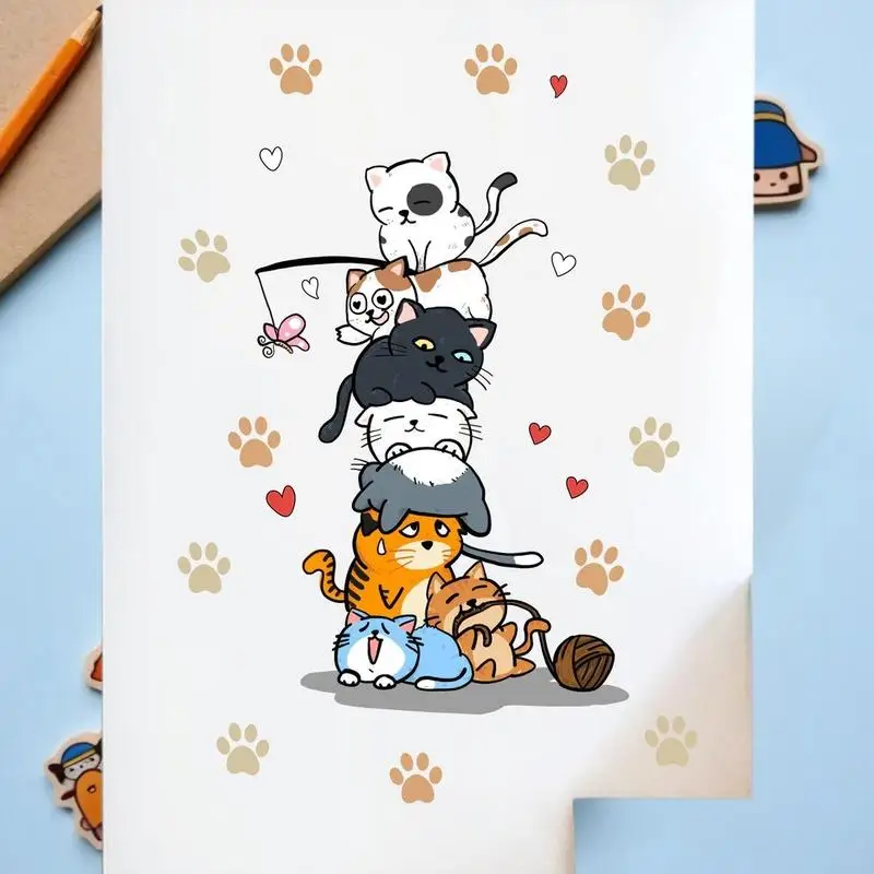 1 Buah Stiker Dinding Bertumpuk Cetakan Kaki Kucing dan Kucing Lucu untuk Dekorasi Rumah Stiker Dinding Kamar Tidur Kamar Anak-anak