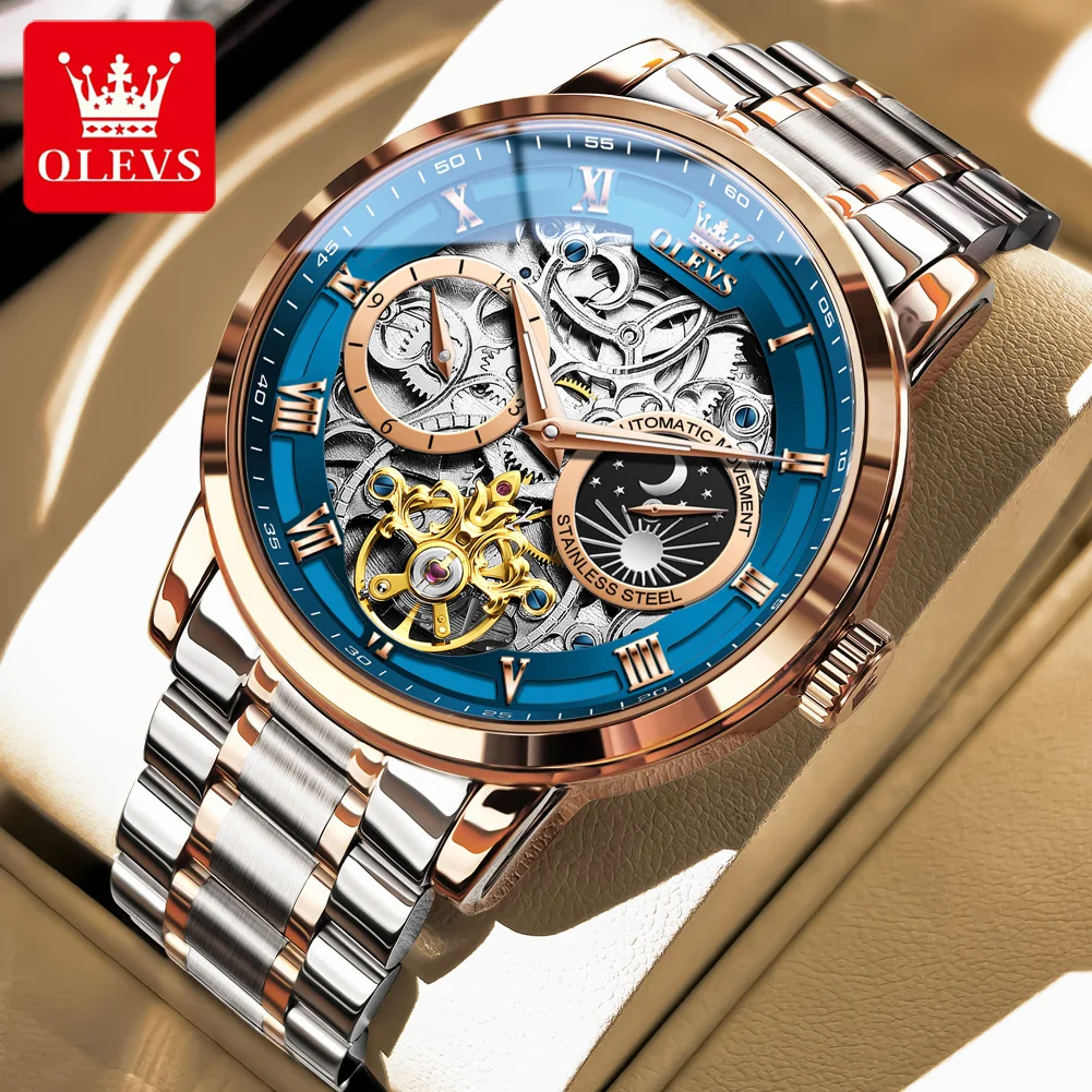 

Часы OLEVS с турбийоном для мужчин, механические наручные часы с полым скелетом, брендовые водонепроницаемые светящиеся оригинальные деловые автоматические часы