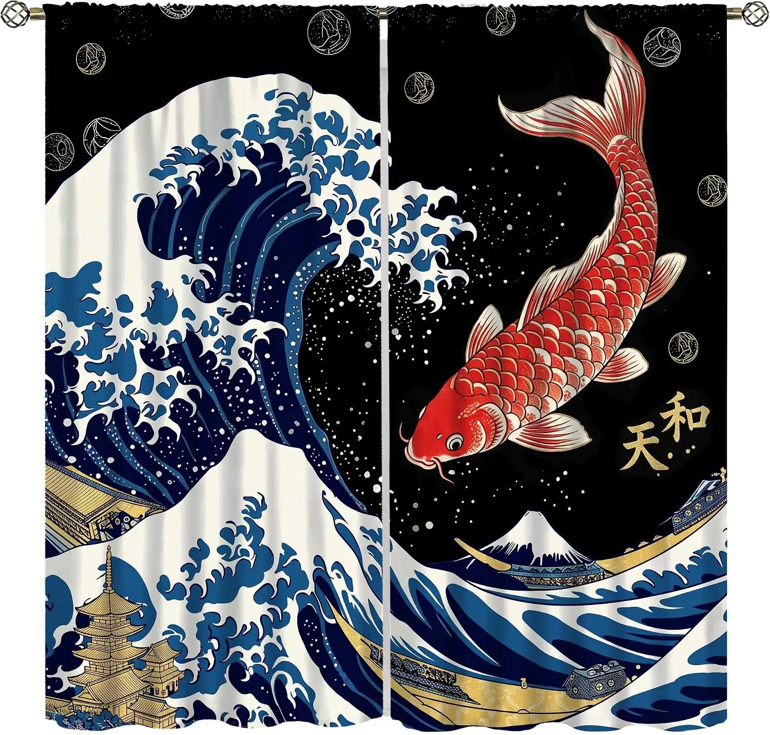 Dramatic Great Wave Curtain Panel Koi Fish Art Window Decor Japanese Oriental Chinese Style Curtains for Living Room Bedroom Asi