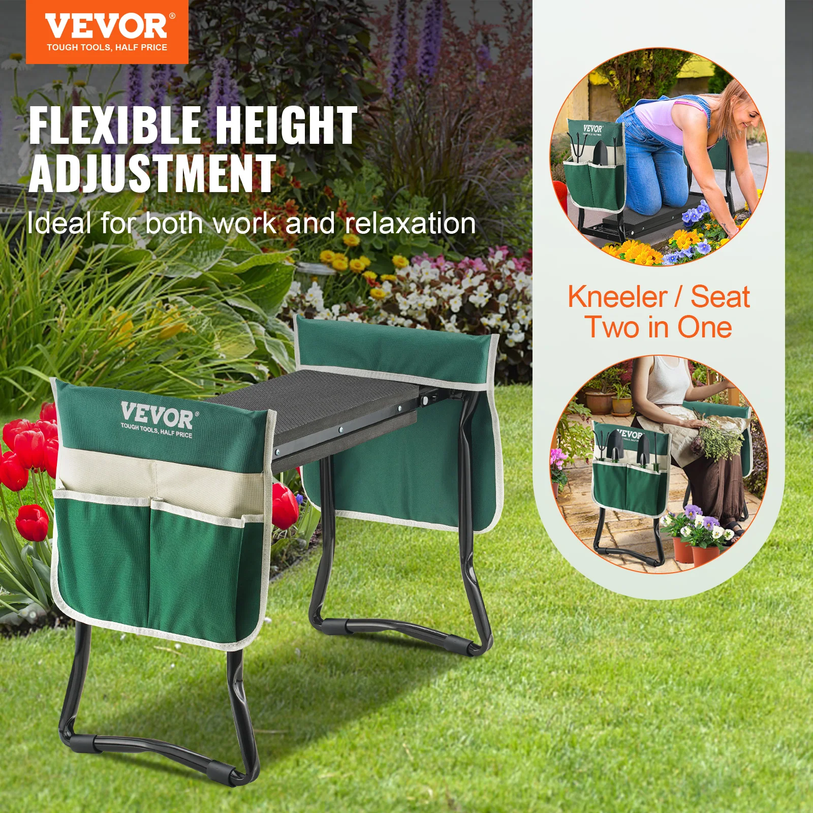 VEVOR Garden Kneeler and Seat Foldable Garden Stool Kneeling Bench for Gardening with Tool Bag Gifts for Grandparents Seniors