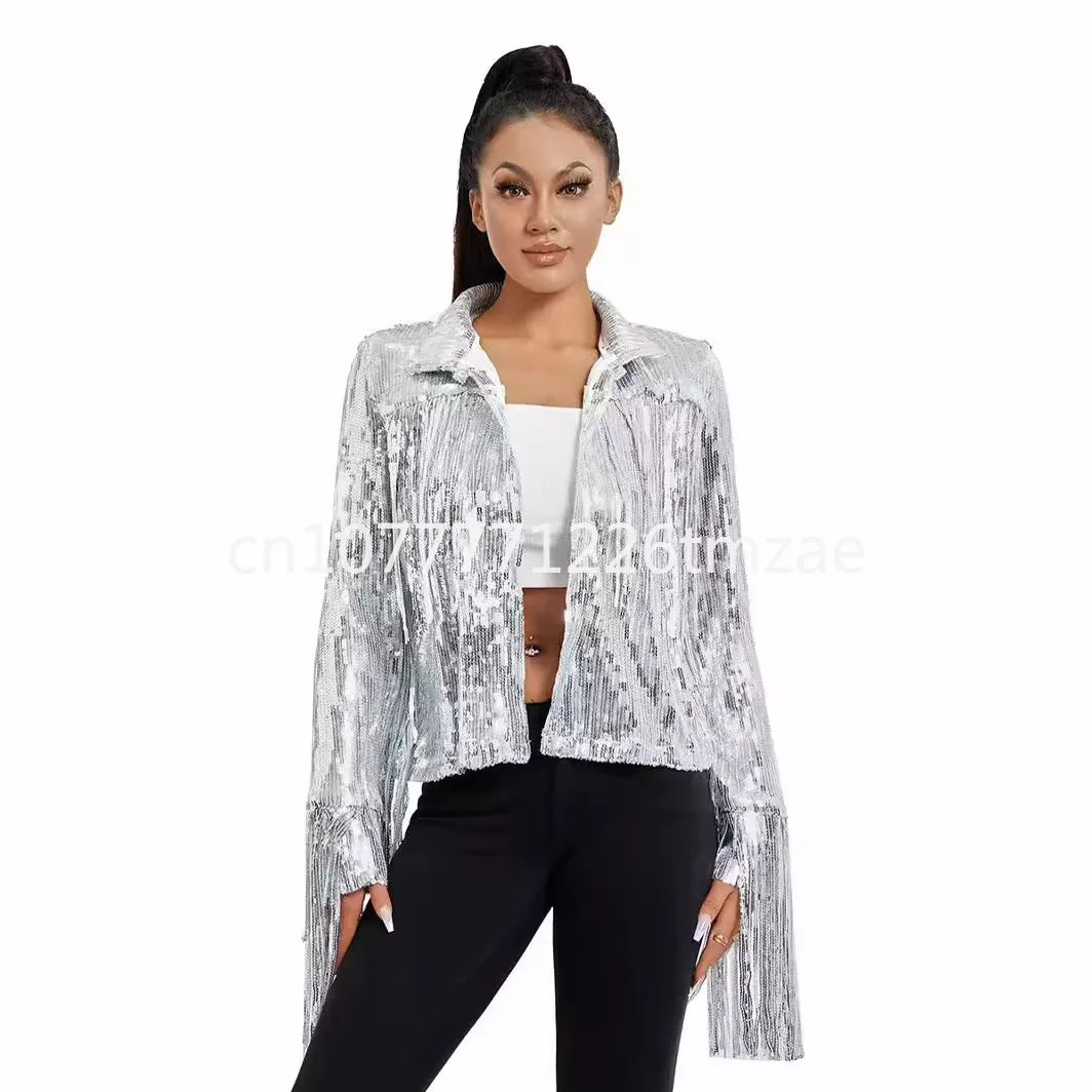 

Women's 2023 European and American New Sequined Tassel Coat Celebrity Same Style Sequin Top with Lining