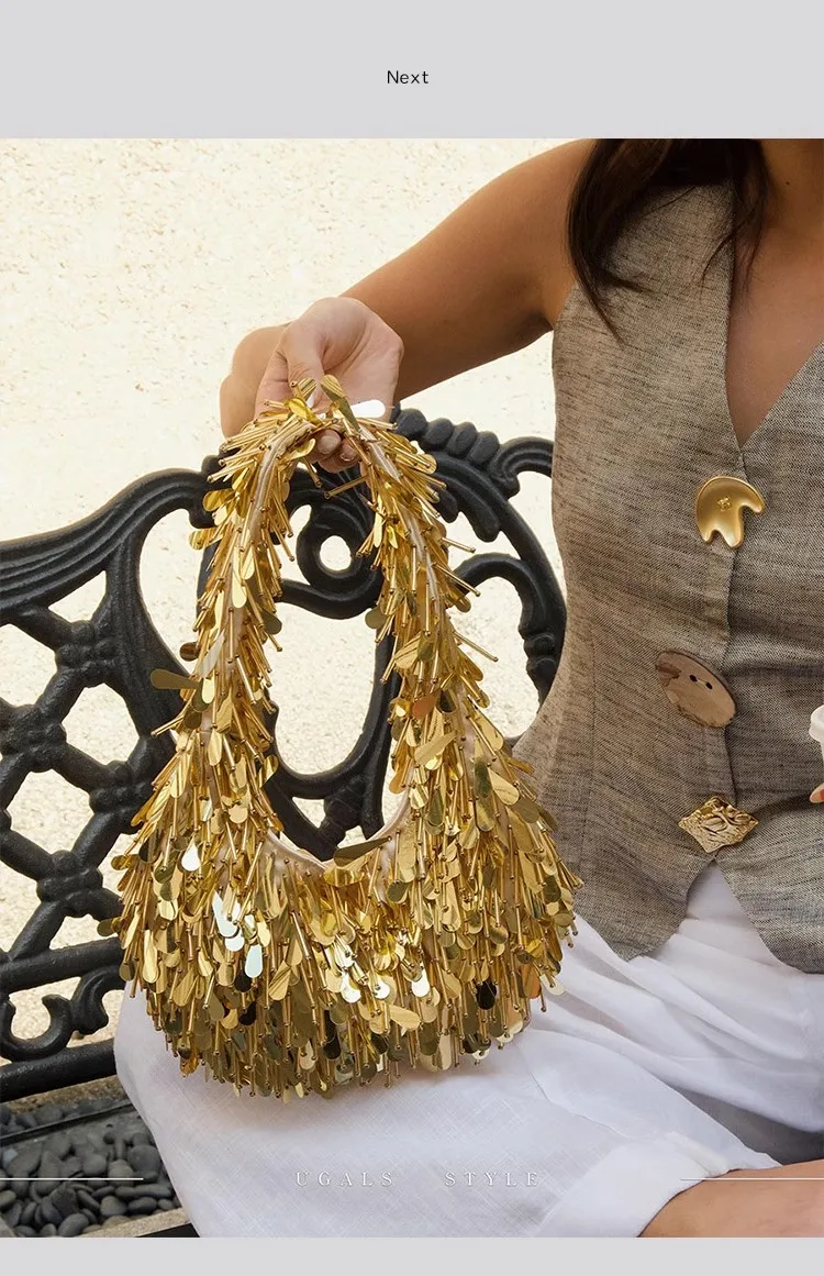 Gold Glitzernde Pailletten Hobo-Tasche Perlen Verzierte Mode Bankett-Tasche Hochzeit Party Clutch Luxus Glitzer Damenhandtasche