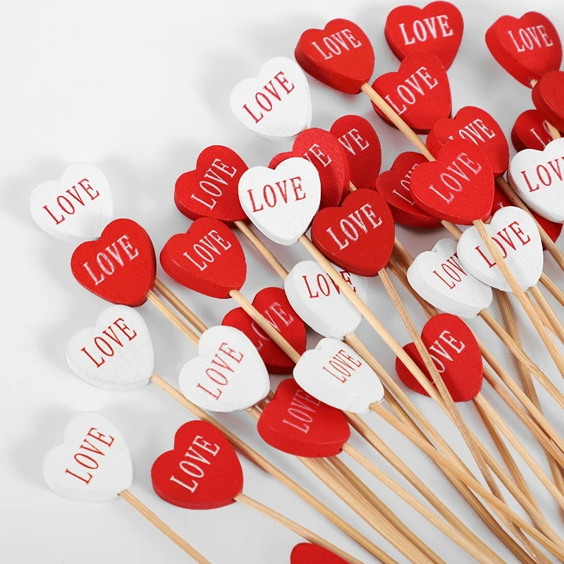 100pcs Love Heart Cupcake Topper Food Pick Dessert Buffet Bamboo Stick Wedding Valentines Day Decoration Birthday Party Supplies