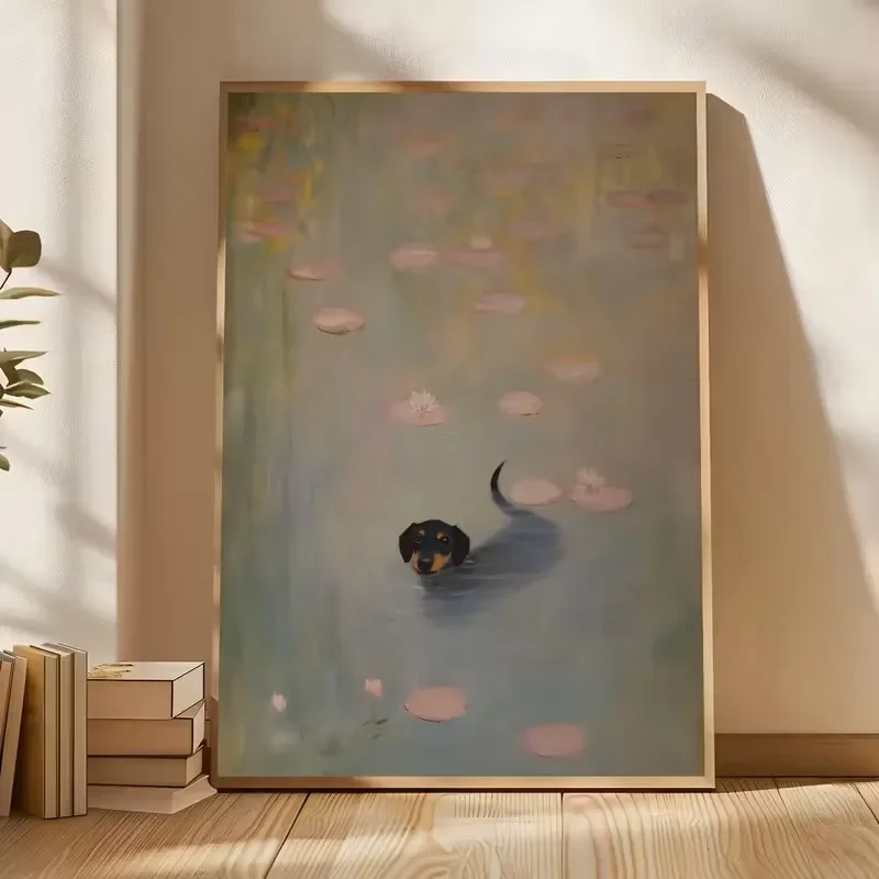 (No frame)Retro Monet Style Dachshund Art Cute Water Lotus Dog Canvas Birthday Gift Creativity Pet Cartoon Animal-themed Home