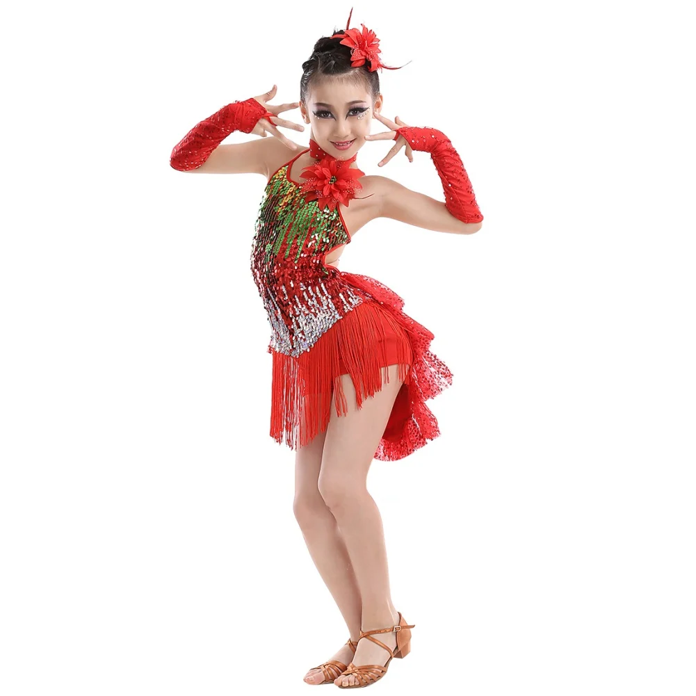 Girl's Sequin Tassel Dress Latin Dance Skirt Costume Sparkling for Kids Ballet Tango Rumba Dancewear