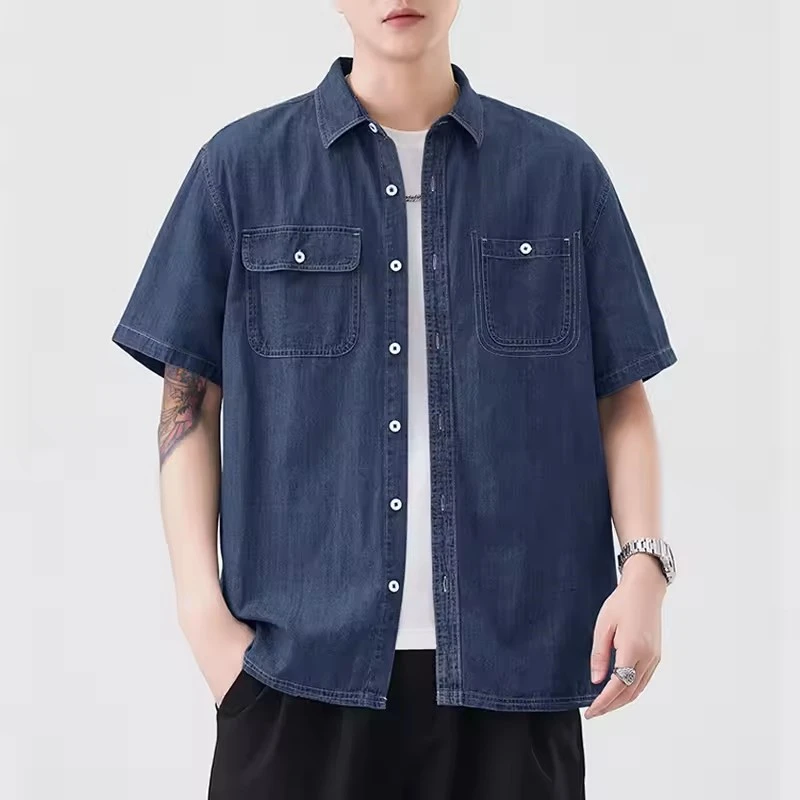 

Summer Lightweight Cotton Denim Shirt Men Loose Casual Streetwear Fashion Short Sleeve Denim Cargo Shirts Campus Boy Blouses