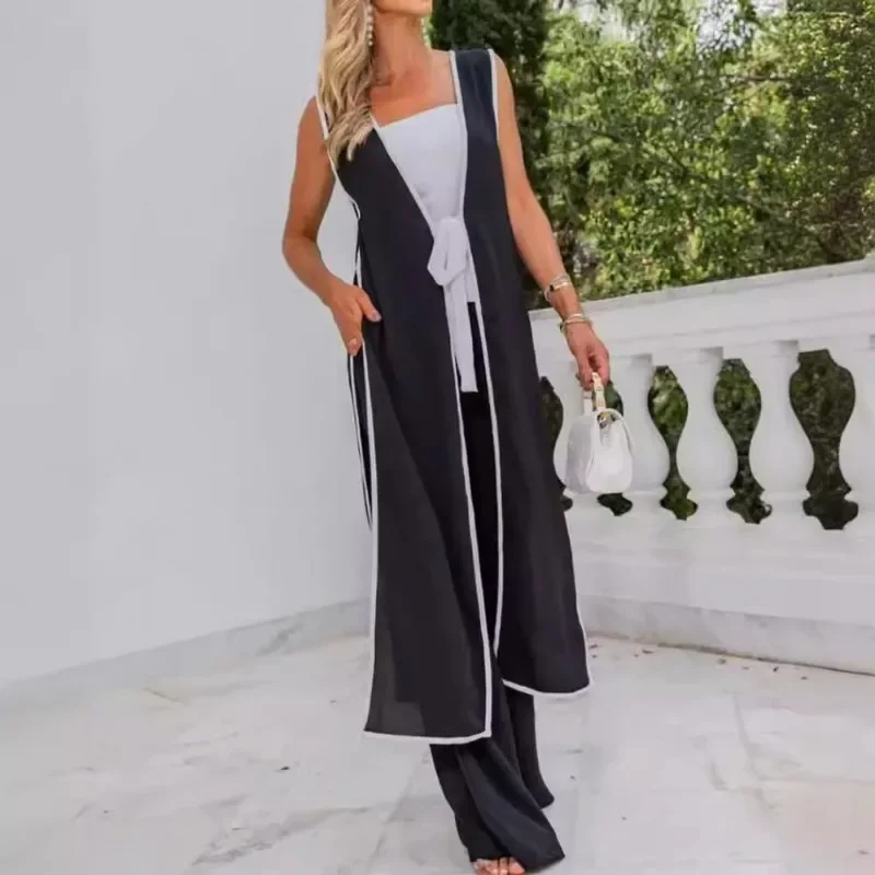 Spring New Women\'s Clothing Sleeveless Waist Strap Color Matching Long Cardigan Casual Wide Leg Pants Two-Piece Set