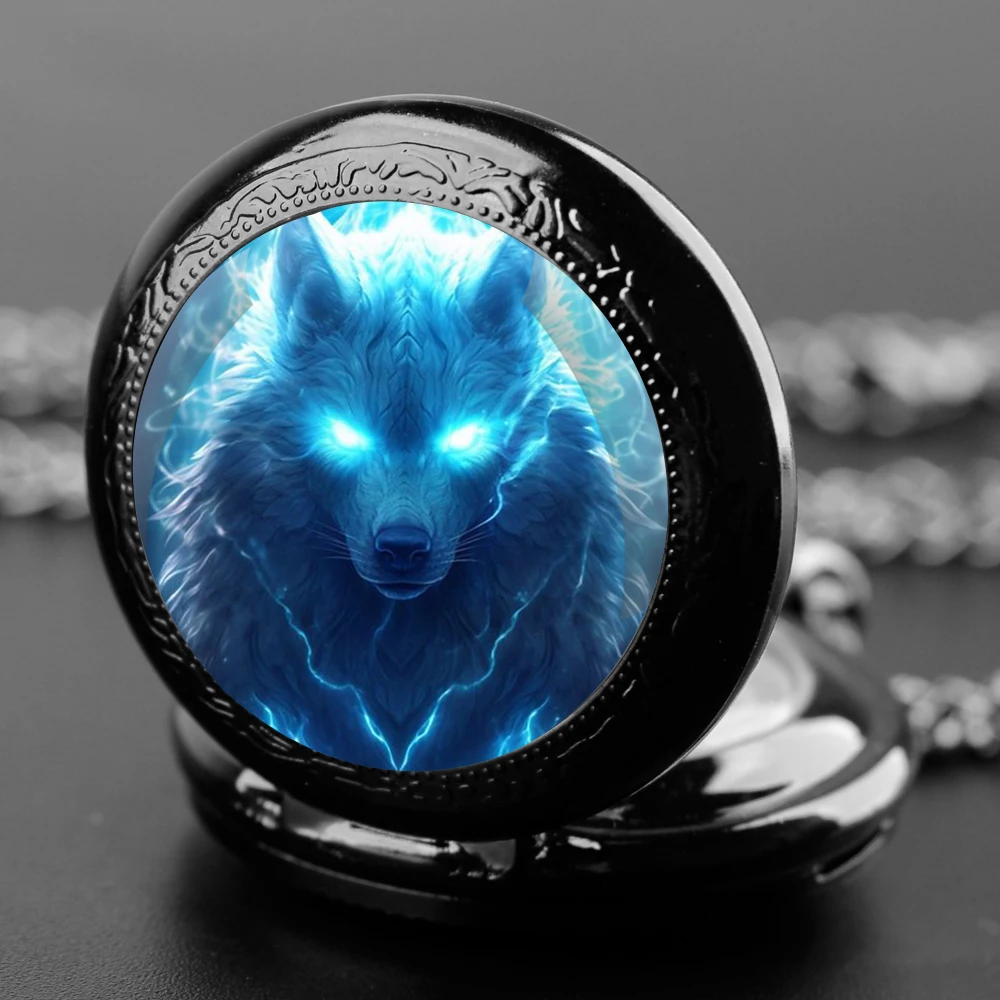 New Retro Wolf Quartz Pocket Watch for Women Men, Cool Black Necklace, Unique Pendant Clock ChainWatch Gift Accessories