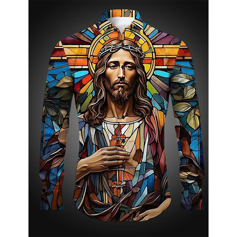 

3D Print Jesus Artistic Abstract Shirts For Men Casual Long Sleeve Button Down Jesus Shirts Blouse Streetwear Camisas Masculinas