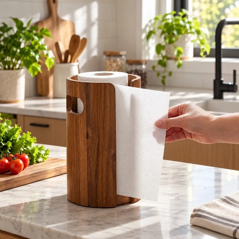 Cylindrical Shape Wooden Paper Towel Holder Waterproof Anti‑Splash Vertical Paper Towel Rack Freestanding Paper Towel Stand