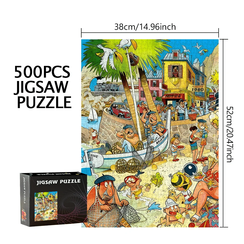 Puzzle de scène de dessin animé de ville côtière animée, jeu intellectuel amusant pour adultes et enfants, jouet de puzzle décoratif pour la maison et les loisirs