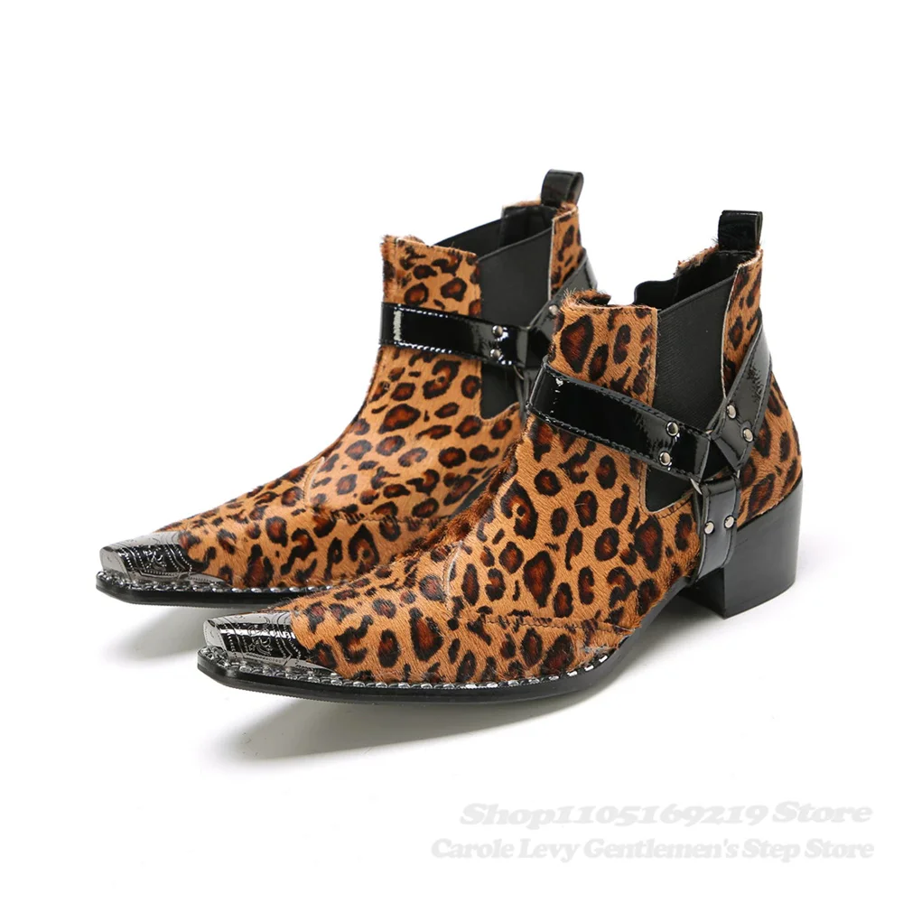 Leopard Pattern Splicing Trendy Men's Ankle Boots 2026 New Iron Pointy Toe Chunky Heel Slip On Youth High Top Leather Boot