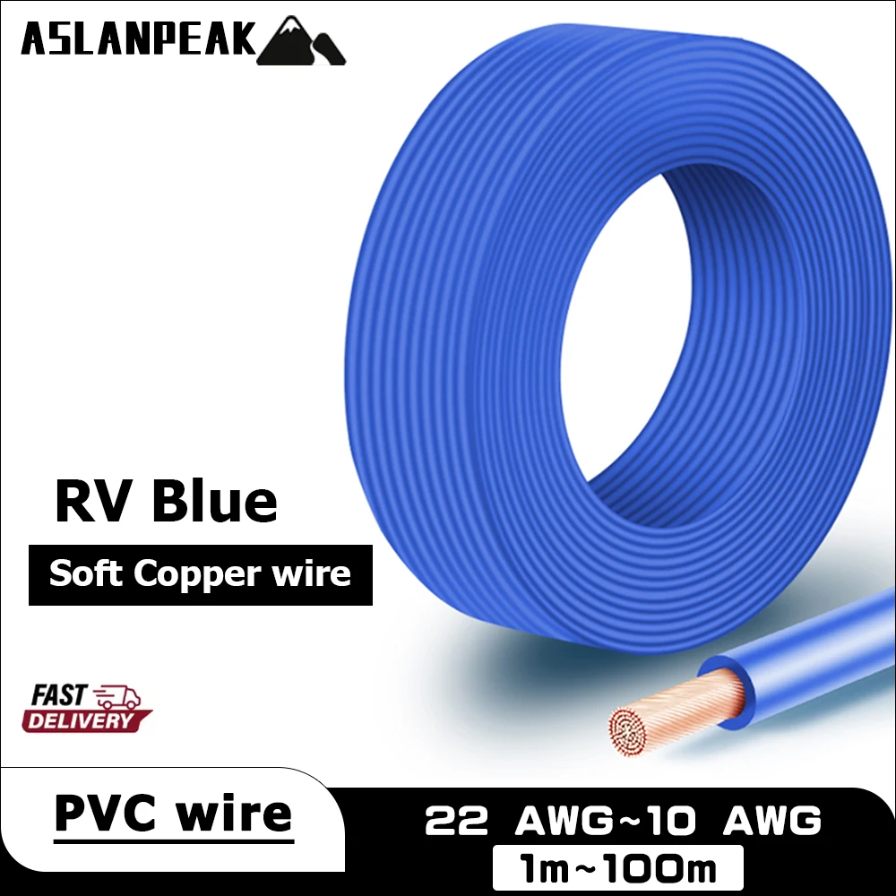 Rv-azul 22-10awg 1-100m pvc fio de cobre sólido extensão elétrica 12v cabos eletrônicos alto-falantes de áudio led para carro 10 12 14 awg