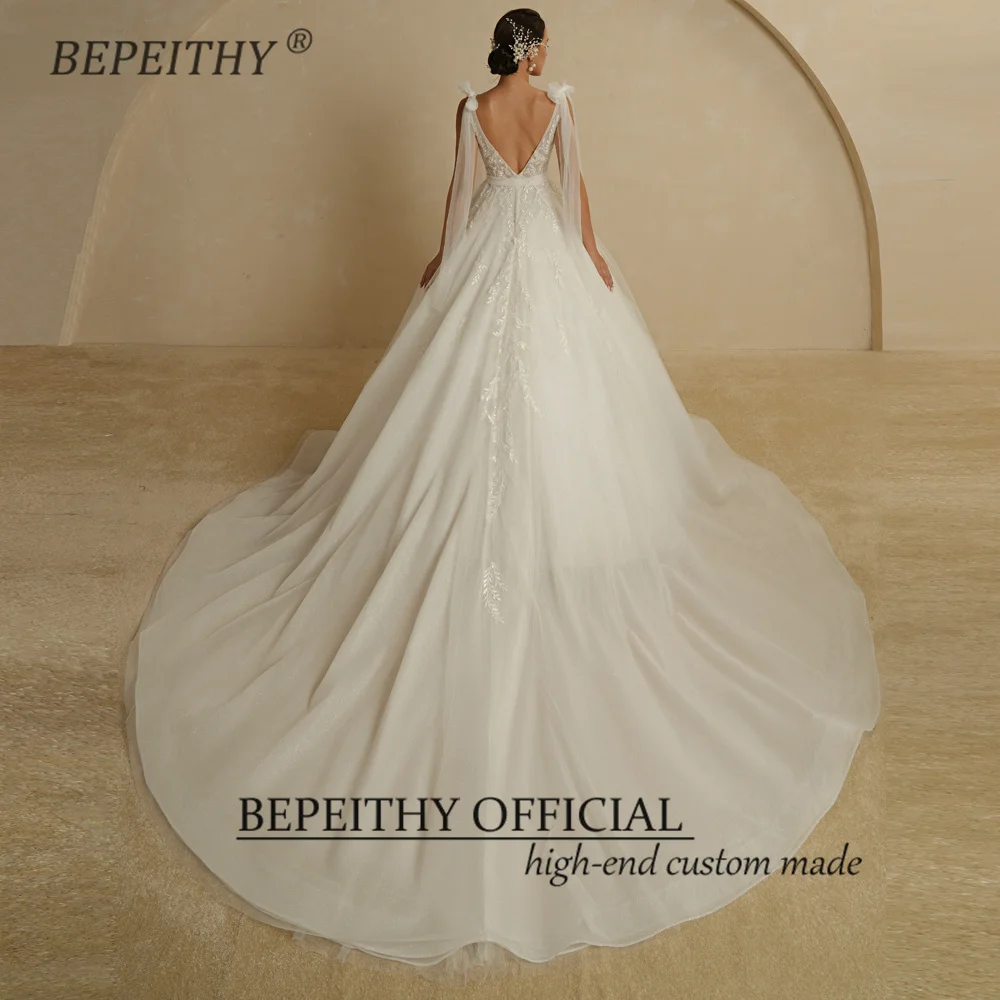 BEPEITHY Customized A Line Ivory Glitter Wedding Dresses 2022 For Women Ruffle Skirt Backless Sexy Court Train Bridal Party Gown