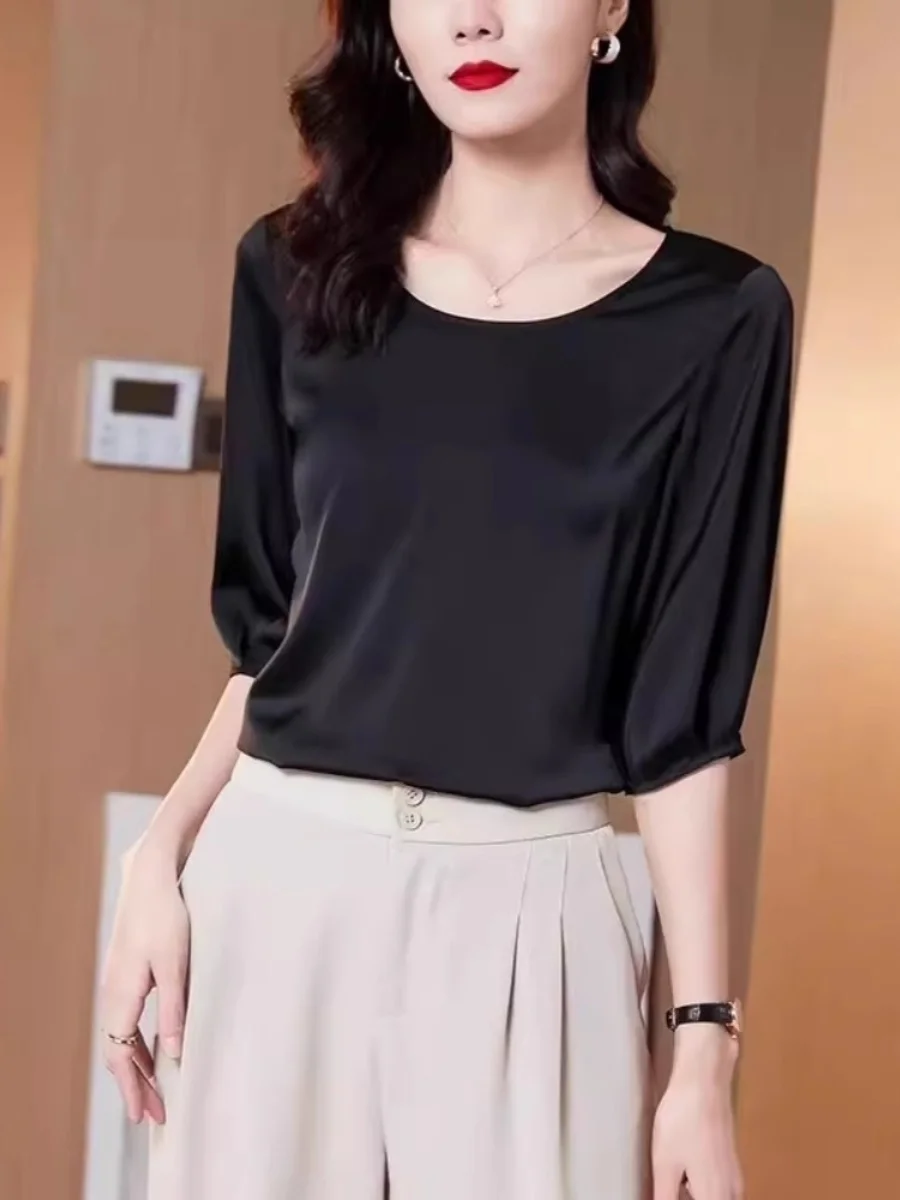 Cetim de seda ort sve camiseta feminina lanterna sve topo faionable novo 2024 redondo ne cor pura comprimento cinco quartos