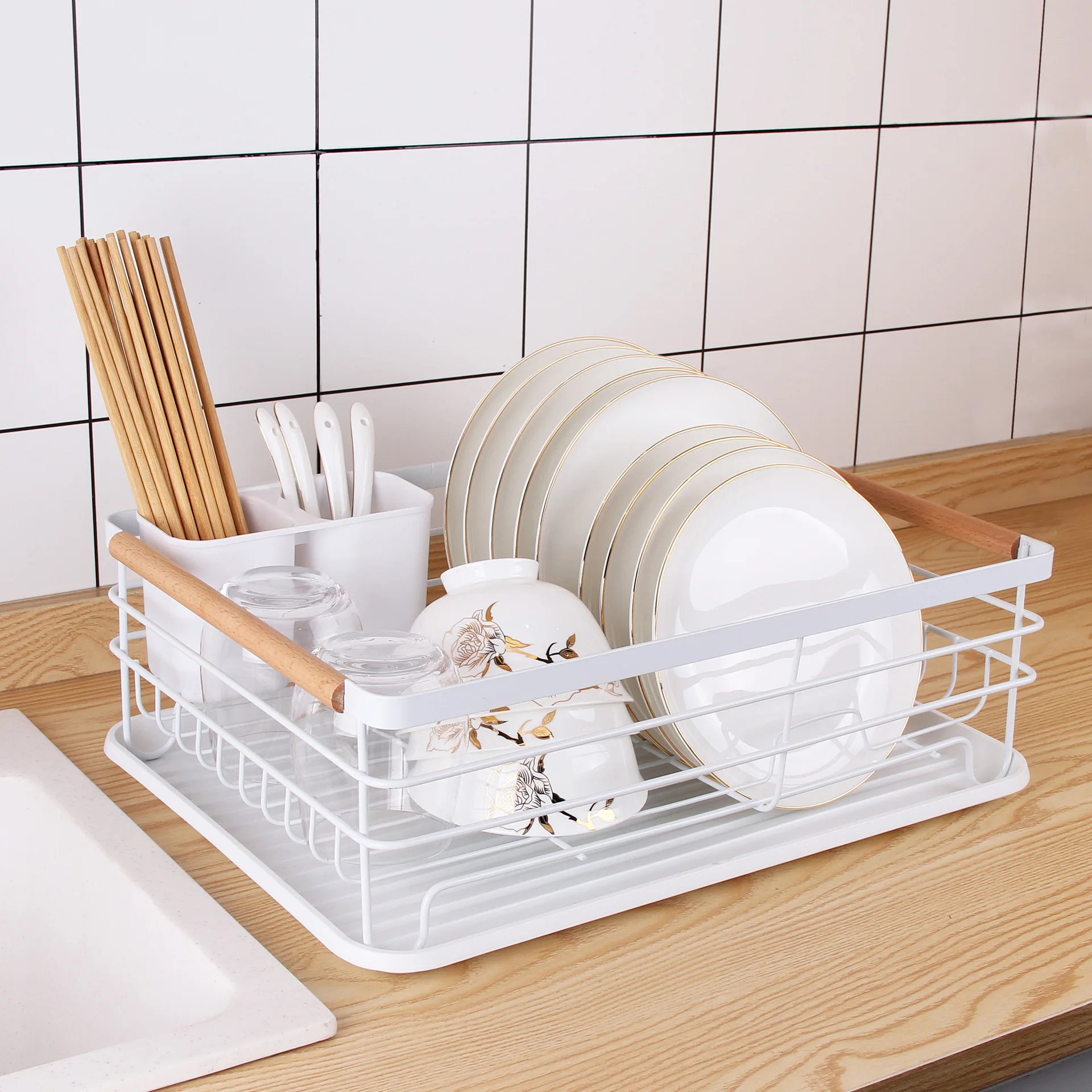 

1 Tier Kitchen Plate Cutlery Stand Dish Drying Rack Holder With Drip Tray Sink Chopsticks Multipurpose Stacking Minimalist