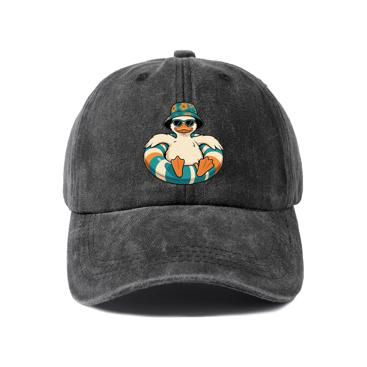 Vintage Washed Baseball Cap with Duck in Pool Float Graphic, Adjustable Unisex Dad Hat, Streetwear Gift