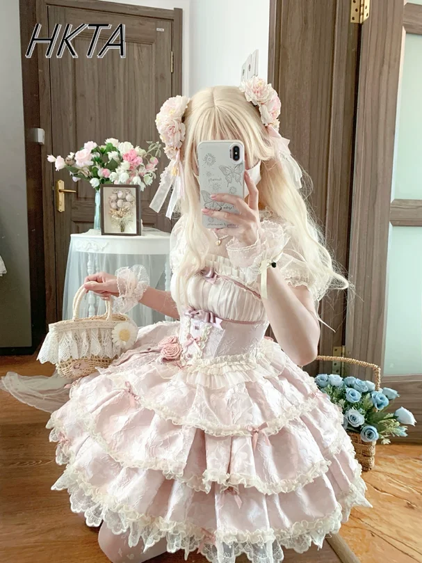 

Sweet and Cute Bow Cake Lace Stitching Birthday Lolita Pink Dress Ladies Kawaii Waist Slim Princess Short Suspender Dress Women