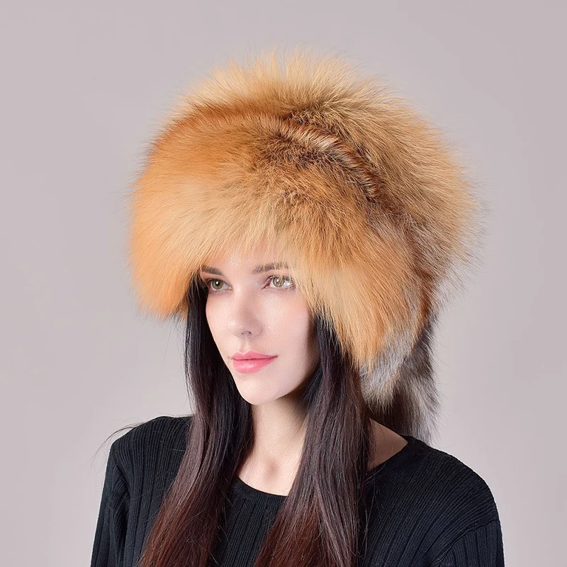 2024 New Style Natural Fox Fur Russian Hat Ushanka Women Winter Warm Fluffy Popular Style Female Tail Cap Fashion Real Fur Hats