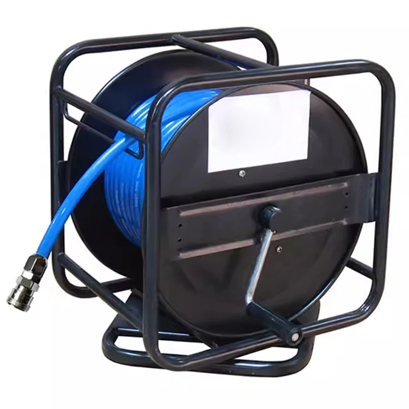 Heavy-duty hand-cranked metal hose reel with 31M/61M hose and nozzle, wall-mounted/floor-mounted hose reel