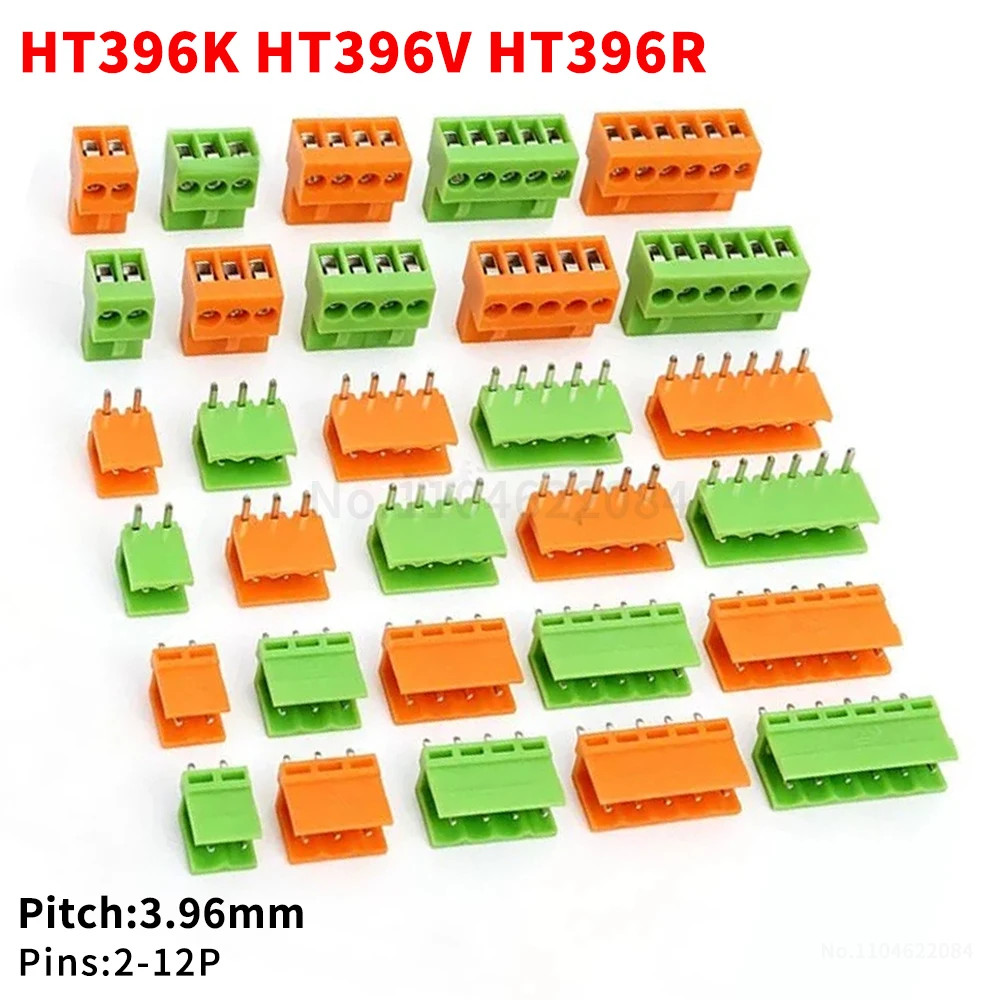 (10 Sets) HT 3.96MM Green Orange HT396V HT396R 3.96 Plug-in PCB Terminal Block with Straight Pin Right Angle Plug 2~12P 396K V/R