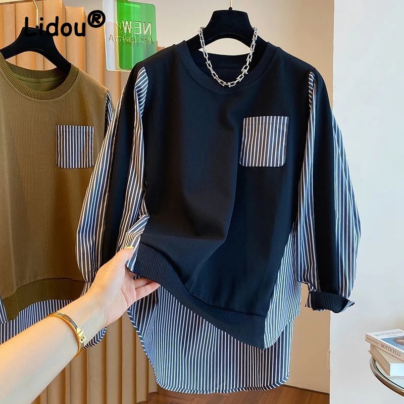 Womens Clothing 2023 Striped Patchwork Oversized Asymmetrical Y2K Streetwear Sweatshirts Female Trendy Long Sleeve Pullover Tops