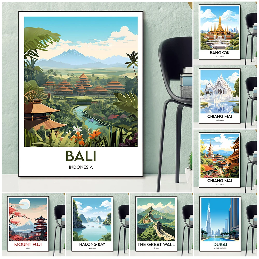 

Taj Mahal,Dubai,Chiang Mai,Bali,Great Wall Of China Minimalist Travel Poster And Print Asian City Travel Poster Wall Art Print