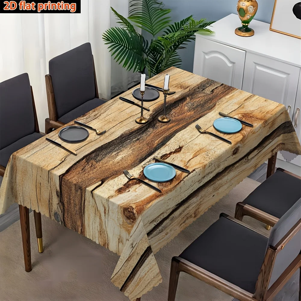 2D Flat farmhouse tablecloth featuring geometric patterns printed with old wood grain wood panels, suitable for home use.